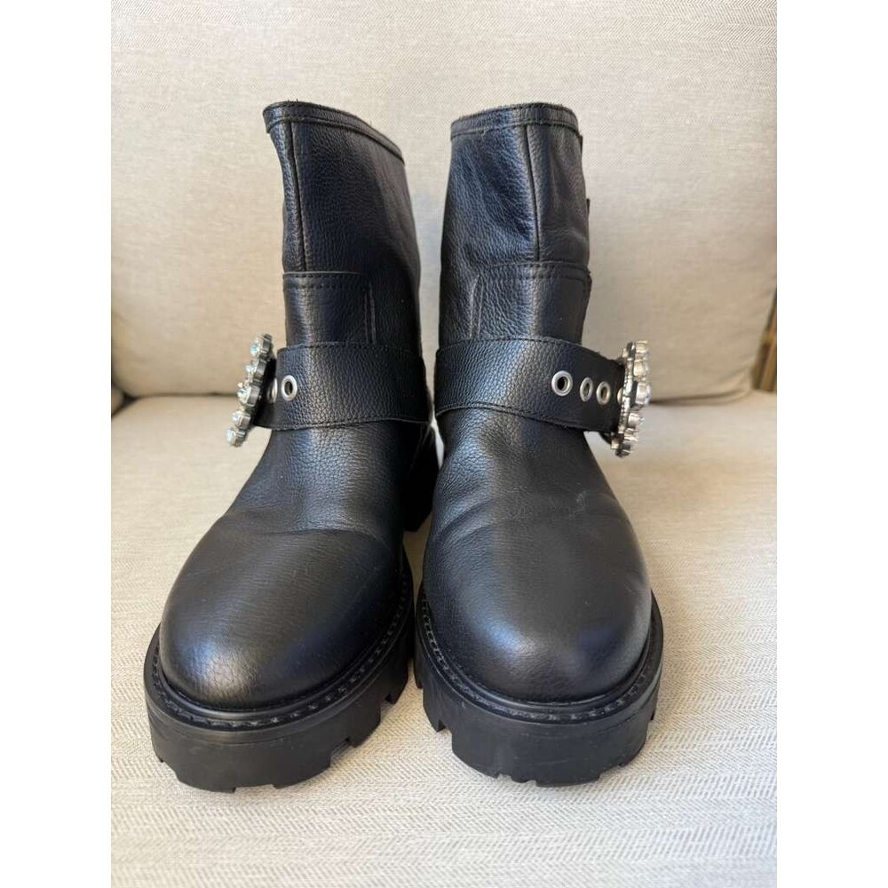 Karl Lagerfeld Marceau Combat Boots Black Leather Crystal Buckle Women’s 8.5 - Picture 2 of 6